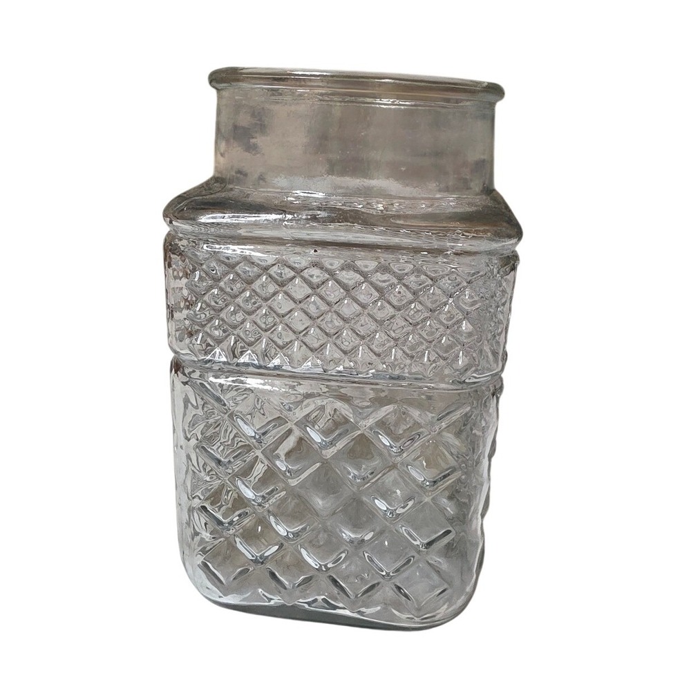 Vintage Clear Glass Square Diamond Quilted Embossed Canister Vase 8.5 Inch